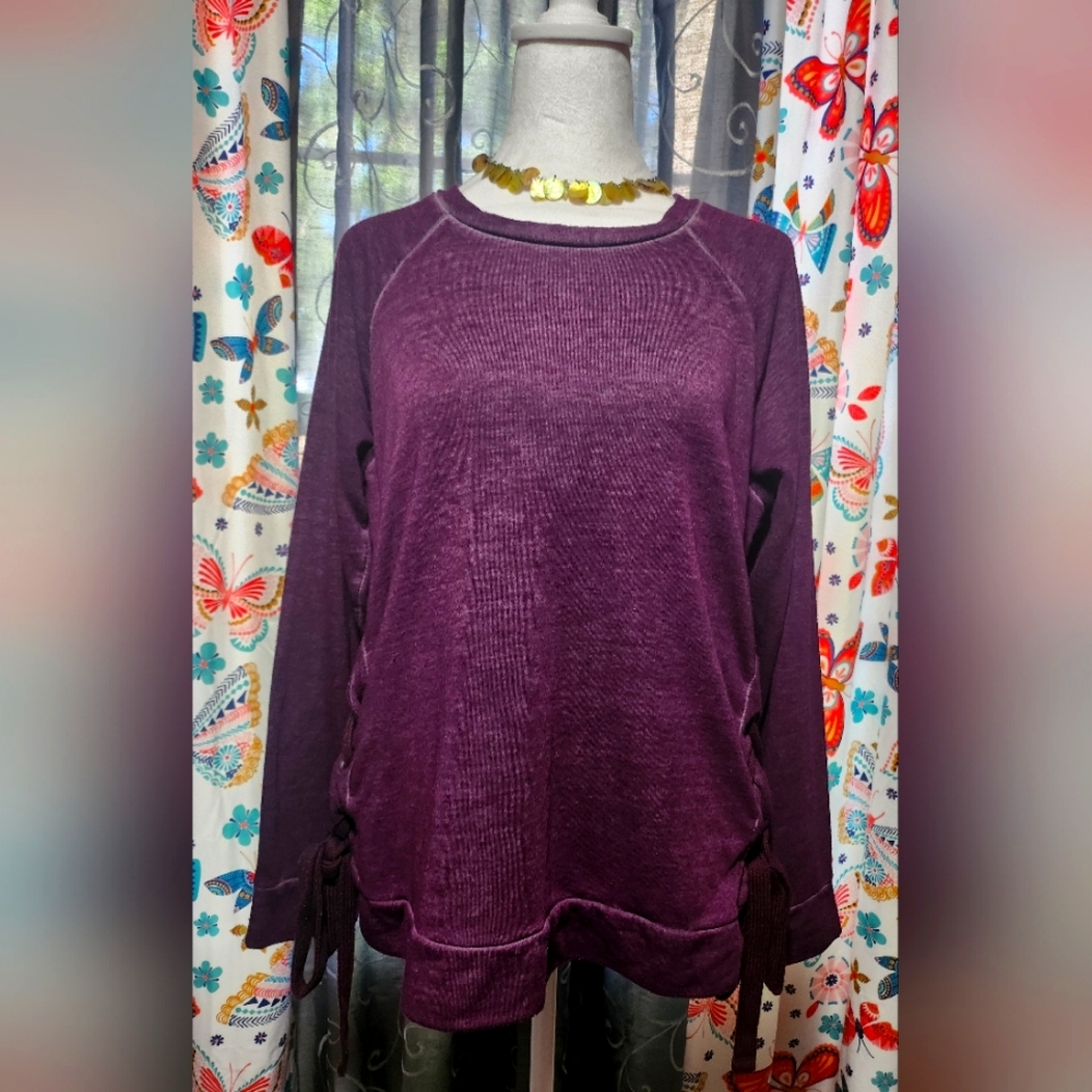 Purple Tie Front Relaxed Sweatshirt with Long Sleeves
